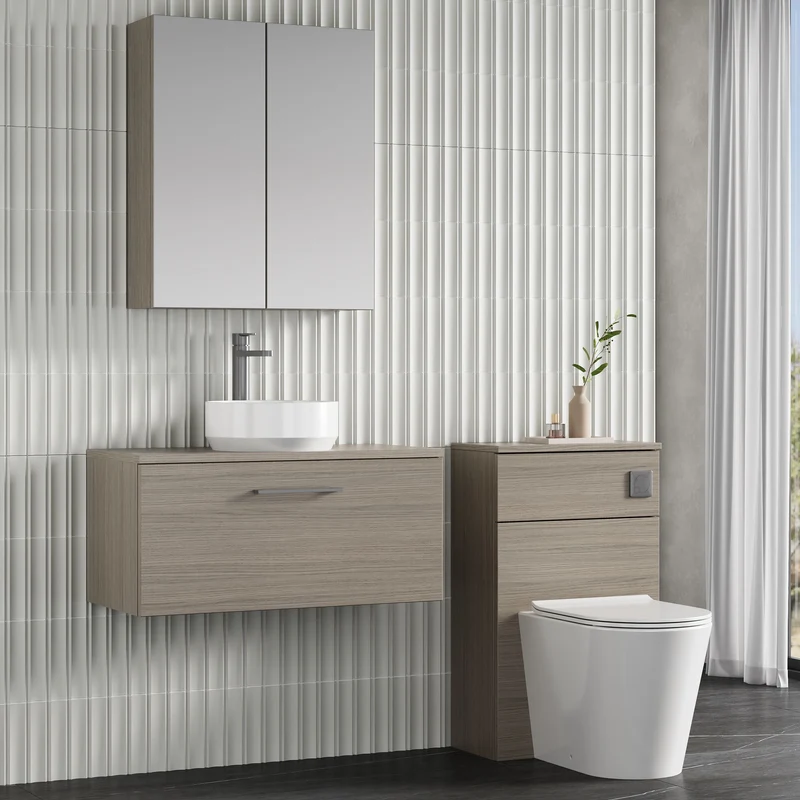 Lana 800mm Wall Hung 1 Drawer Vanity Unit & Worktop - Solace Oak Woodgrain