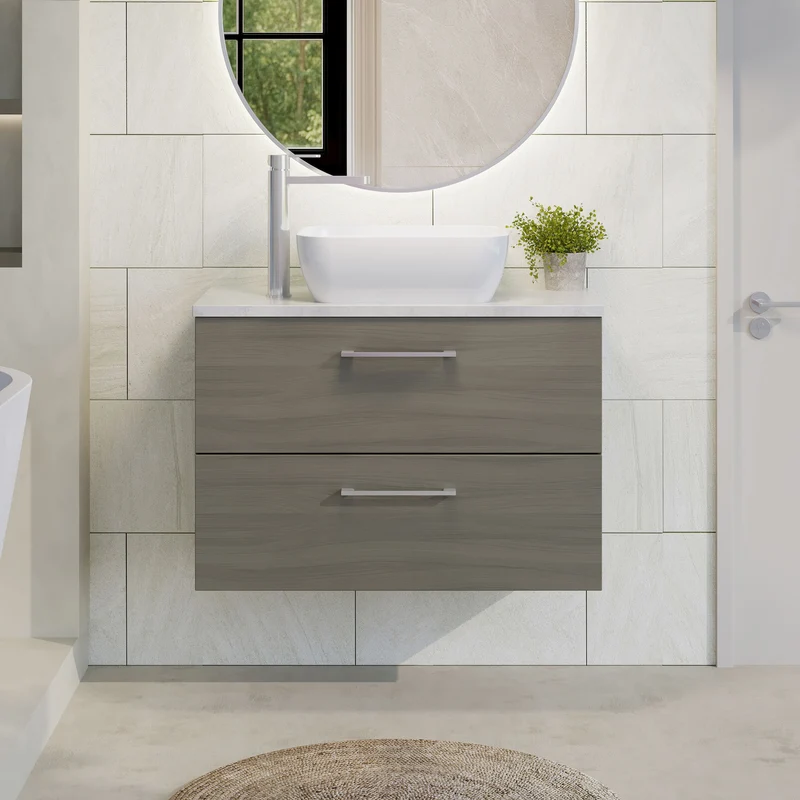 Lana 800mm Wall Hung 2 Drawer Vanity Unit & Bellato Grey Laminate Worktop - Solace Oak Woodgrain