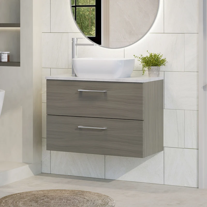 Lana 800mm Wall Hung 2 Drawer Vanity Unit & Bellato Grey Laminate Worktop - Solace Oak Woodgrain