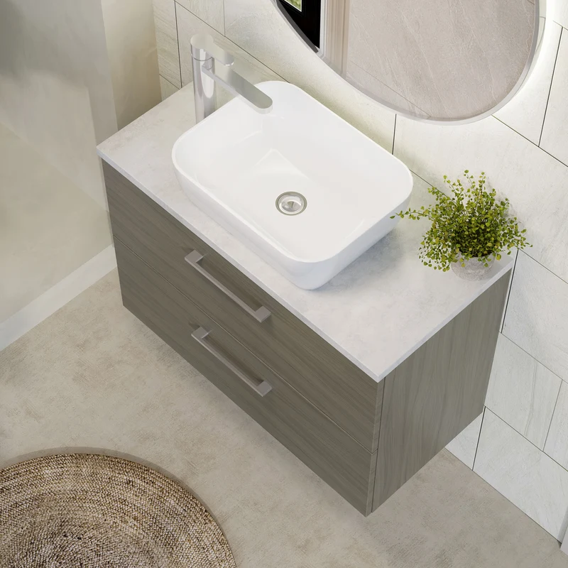 Lana 800mm Wall Hung 2 Drawer Vanity Unit & Bellato Grey Laminate Worktop - Solace Oak Woodgrain