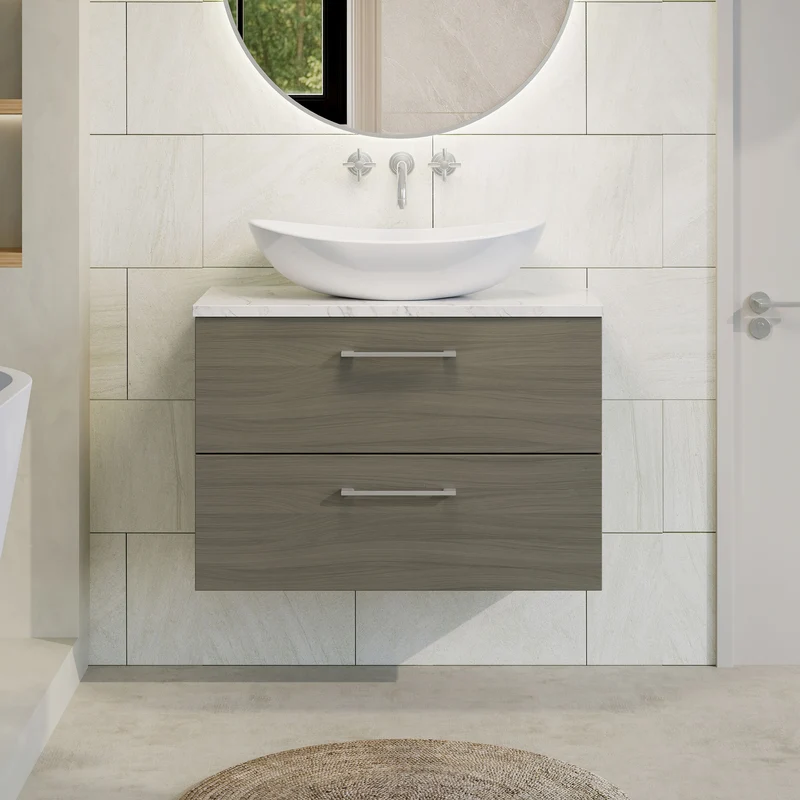 Lana 800mm Wall Hung 2 Drawer Vanity Unit & Carrera Marble Laminate Worktop - Solace Oak Woodgrain