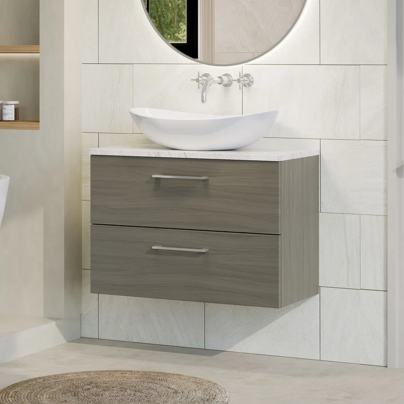 Lana 800mm Wall Hung 2 Drawer Vanity Unit & Carrera Marble Laminate Worktop - Solace Oak Woodgrain