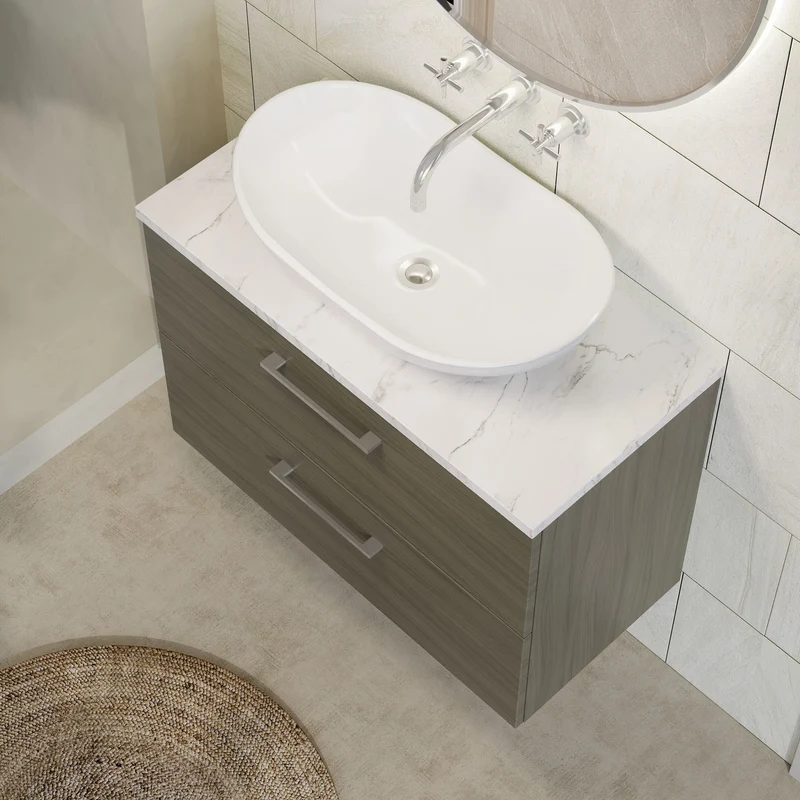 Lana 800mm Wall Hung 2 Drawer Vanity Unit & Carrera Marble Laminate Worktop - Solace Oak Woodgrain