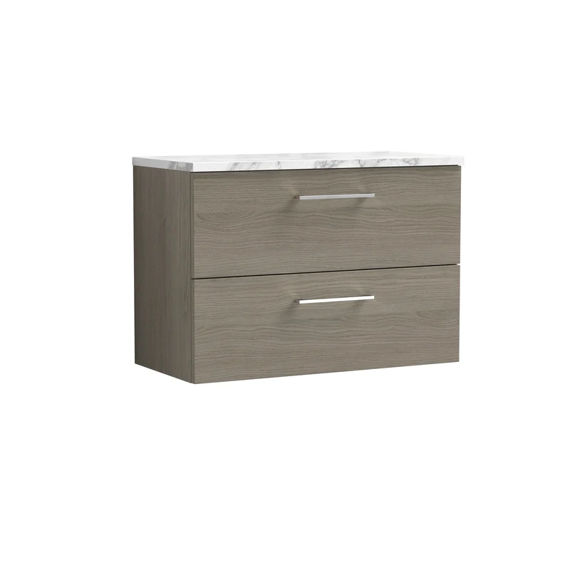 Lana 800mm Wall Hung 2 Drawer Vanity Unit & Carrera Marble Laminate Worktop - Solace Oak Woodgrain