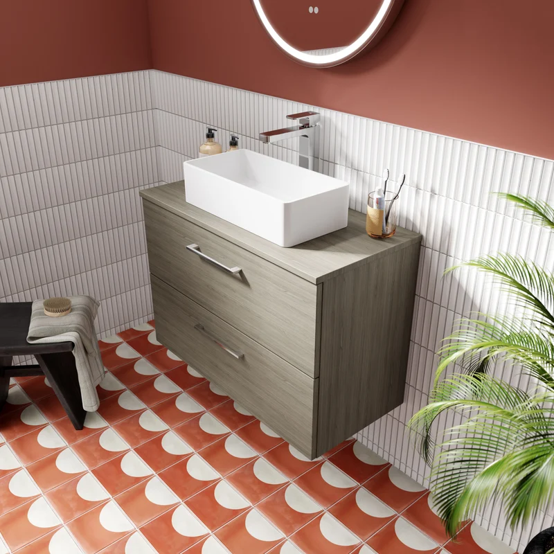 Lana 800mm Wall Hung 2 Drawer Vanity Unit & Worktop - Solace Oak Woodgrain