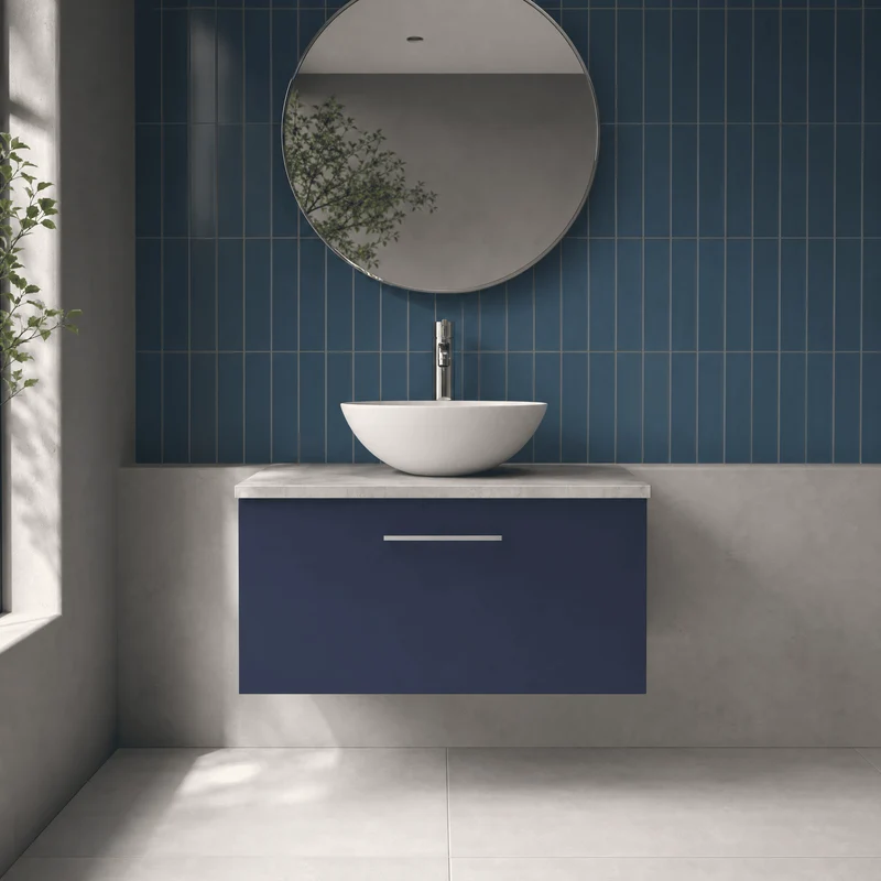 Lana 800mm Wall Hung Single Drawer Vanity Unit & Bellato Grey Laminate Worktop - Midnight Blue Satin
