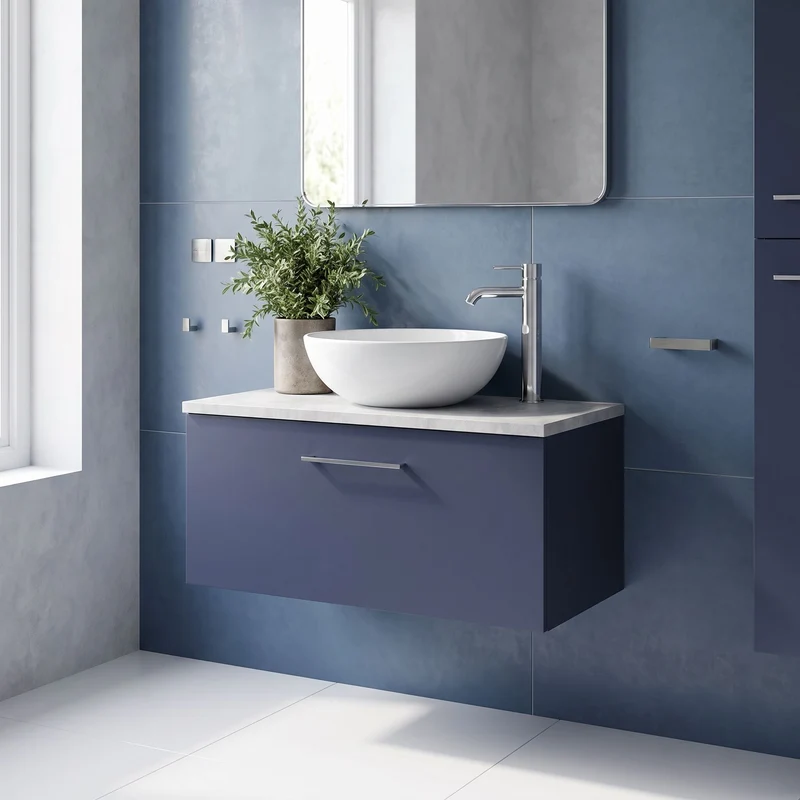 Lana 800mm Wall Hung Single Drawer Vanity Unit & Bellato Grey Laminate Worktop - Midnight Blue Satin