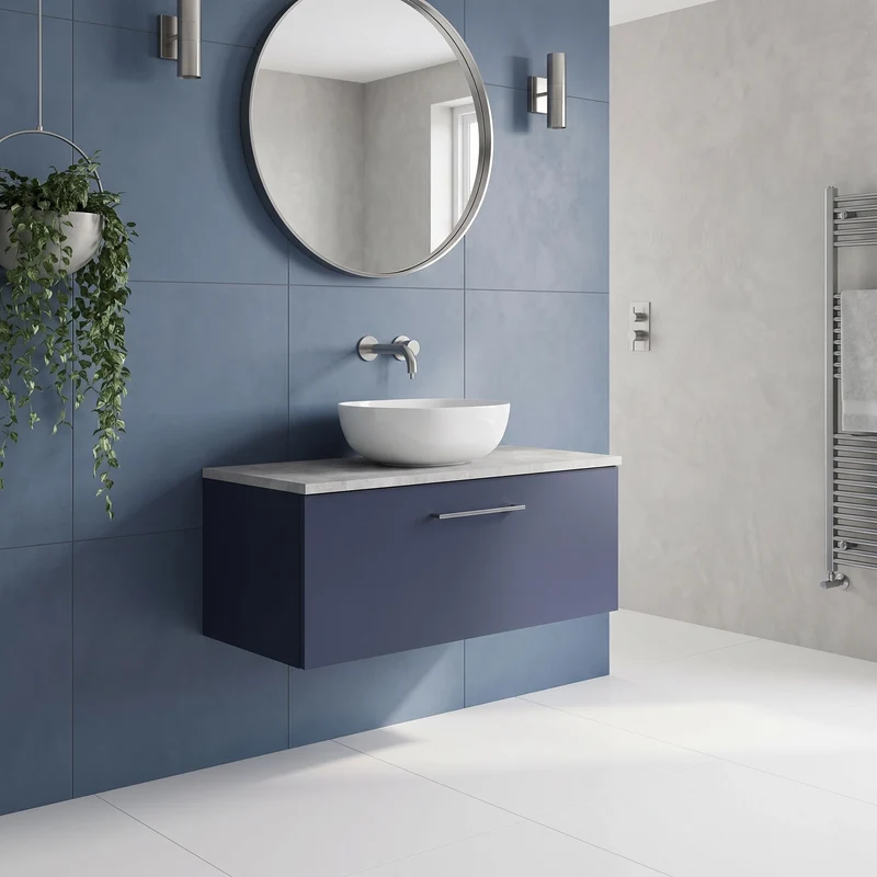Lana 800mm Wall Hung Single Drawer Vanity Unit & Bellato Grey Laminate Worktop - Midnight Blue Satin