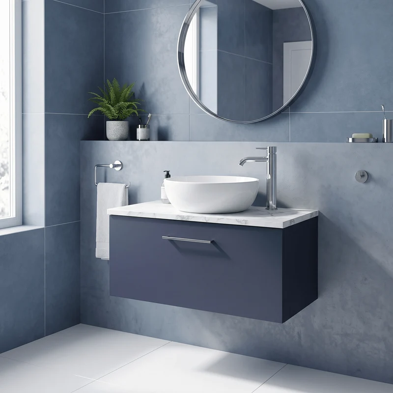 Lana 800mm Wall Hung 1 Drawer Vanity Unit & Carrera Marble Laminate Worktop - Midnight Blue Satin