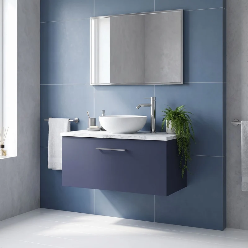 Lana 800mm Wall Hung 1 Drawer Vanity Unit & Carrera Marble Laminate Worktop - Midnight Blue Satin