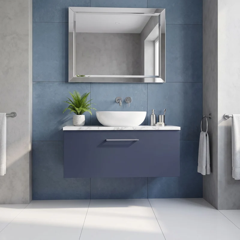 Lana 800mm Wall Hung 1 Drawer Vanity Unit & Carrera Marble Laminate Worktop - Midnight Blue Satin