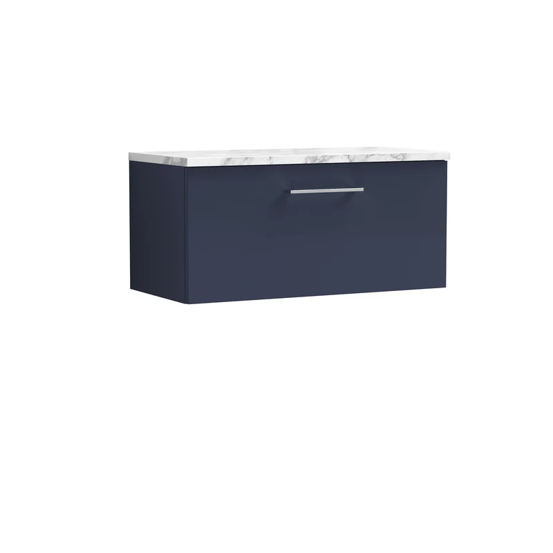 Lana 800mm Wall Hung 1 Drawer Vanity Unit & Carrera Marble Laminate Worktop - Midnight Blue Satin