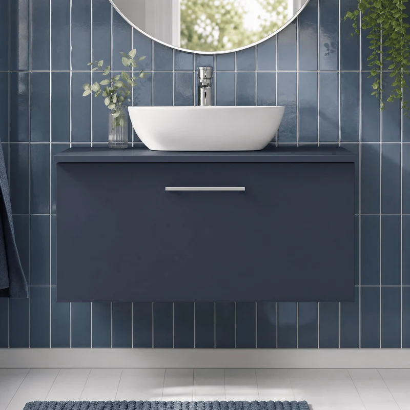 Lana 800mm Wall Hung 1 Drawer Vanity Unit & Worktop - Midnight Blue Satin