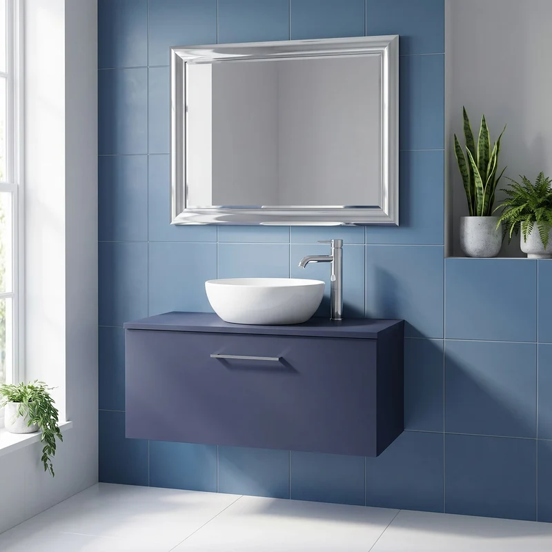 Lana 800mm Wall Hung 1 Drawer Vanity Unit & Worktop - Midnight Blue Satin