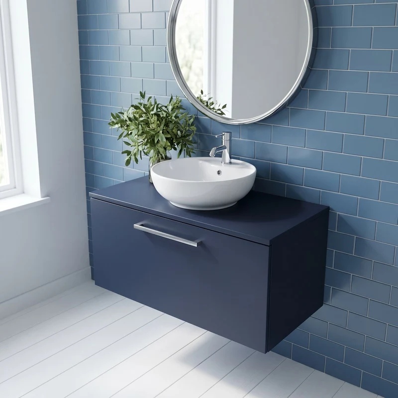 Lana 800mm Wall Hung 1 Drawer Vanity Unit & Worktop - Midnight Blue Satin