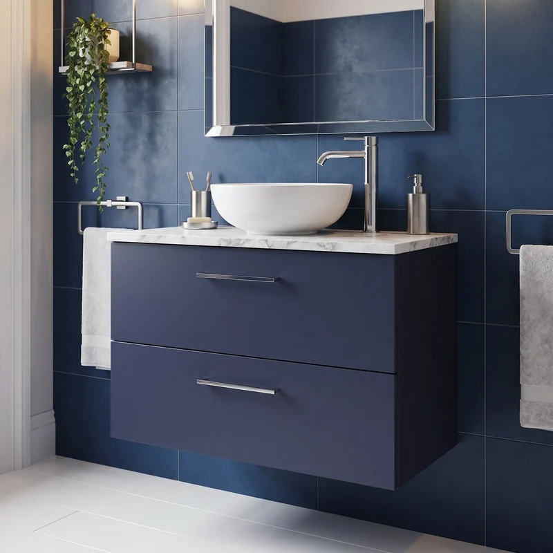 Lana 800mm Wall Hung 2 Drawer Vanity Unit & Carrera Marble Laminate Worktop - Midnight Blue Satin