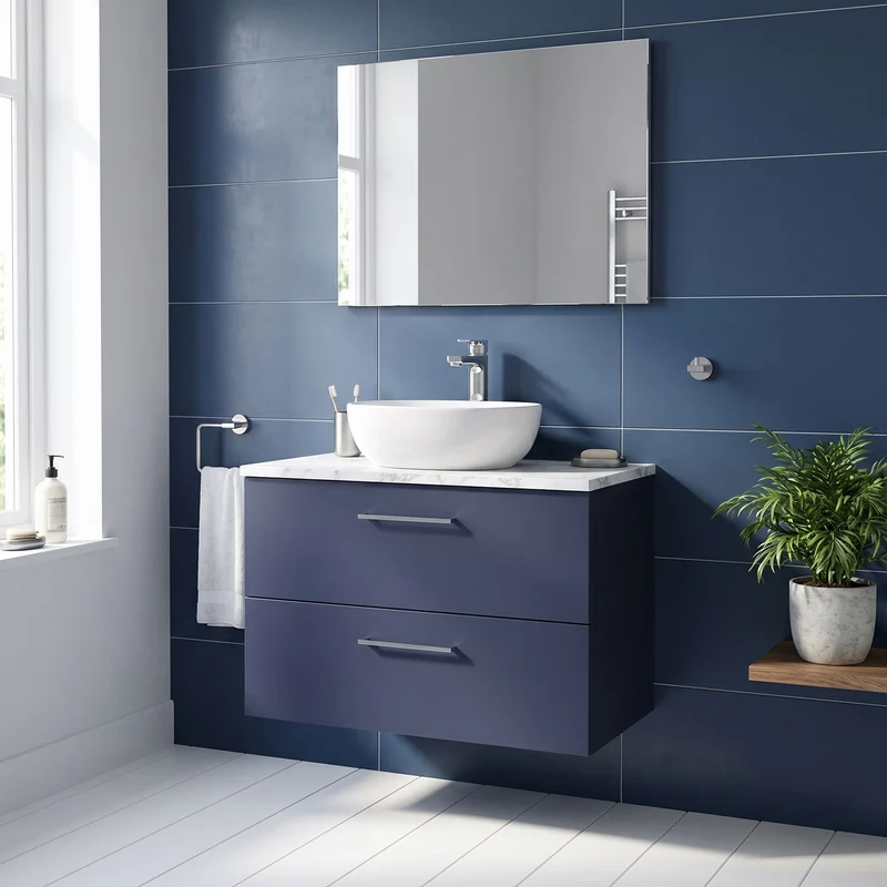 Lana 800mm Wall Hung 2 Drawer Vanity Unit & Carrera Marble Laminate Worktop - Midnight Blue Satin