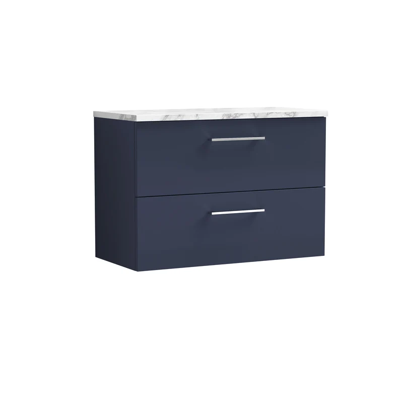 Lana 800mm Wall Hung 2 Drawer Vanity Unit & Carrera Marble Laminate Worktop - Midnight Blue Satin