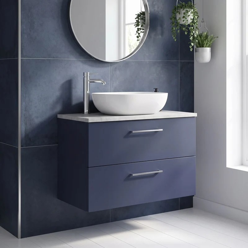 Lana 800mm Wall Hung 2 Drawer Vanity Unit & Bellato Grey Laminate Worktop - Midnight Blue Satin