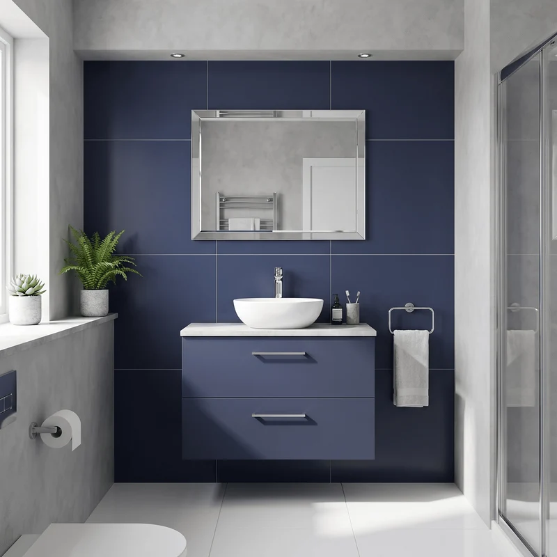 Lana 800mm Wall Hung 2 Drawer Vanity Unit & Bellato Grey Laminate Worktop - Midnight Blue Satin