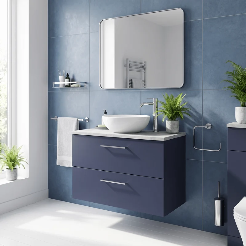 Lana 800mm Wall Hung 2 Drawer Vanity Unit & Bellato Grey Laminate Worktop - Midnight Blue Satin