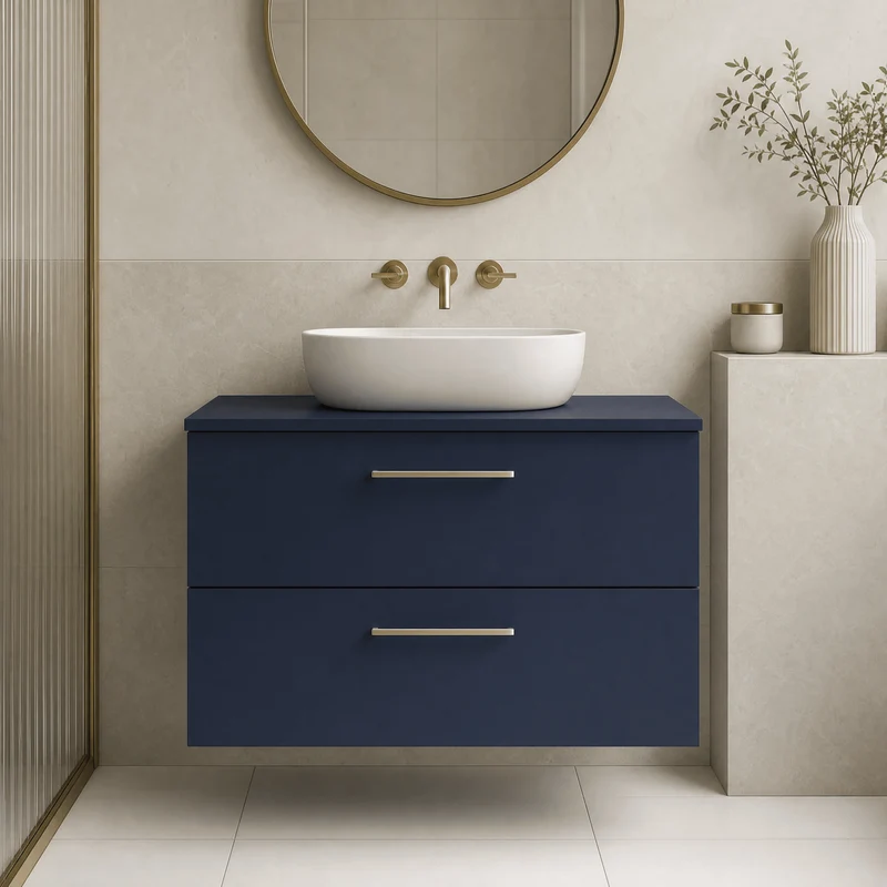 Lana 800mm Wall Hung 2 Drawer Vanity Unit & Worktop - Midnight Blue Satin