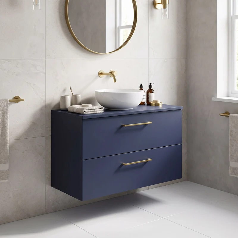 Lana 800mm Wall Hung 2 Drawer Vanity Unit & Worktop - Midnight Blue Satin