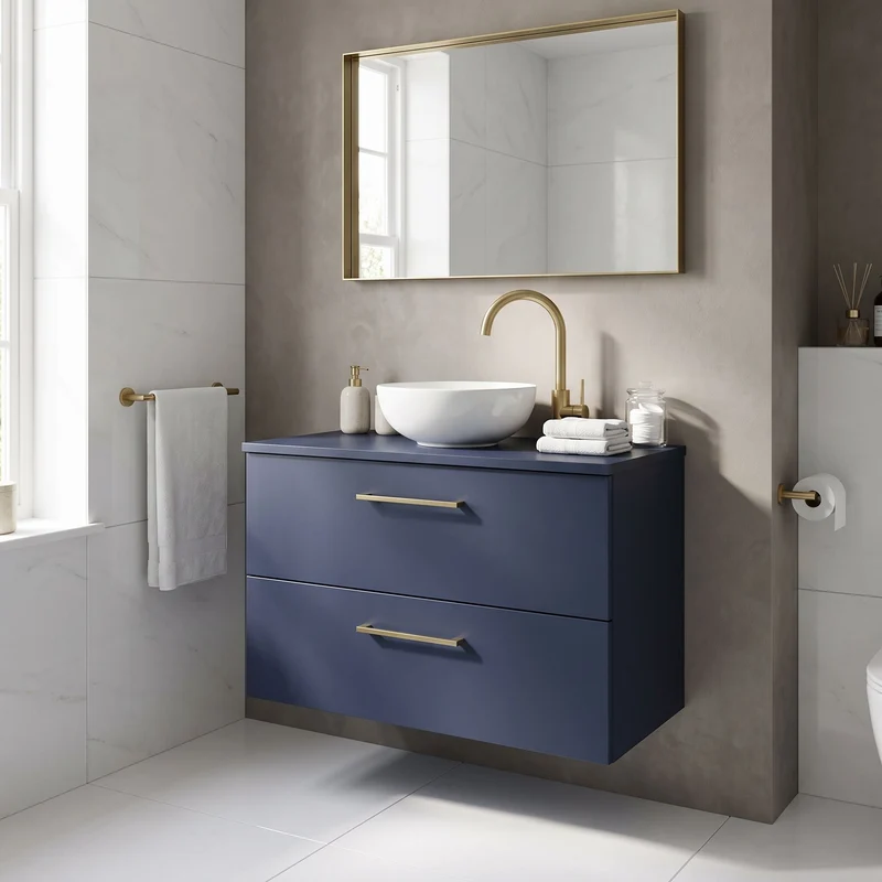 Lana 800mm Wall Hung 2 Drawer Vanity Unit & Worktop - Midnight Blue Satin