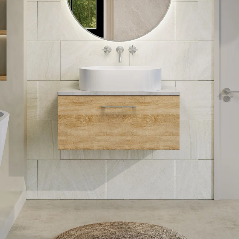 Lana 800mm Wall Hung Single Drawer Vanity Unit & Bellato Grey Laminate Worktop - Bleached Oak Woodgrain