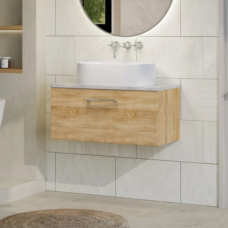 Lana 800mm Wall Hung Single Drawer Vanity Unit & Bellato Grey Laminate Worktop - Bleached Oak Woodgrain