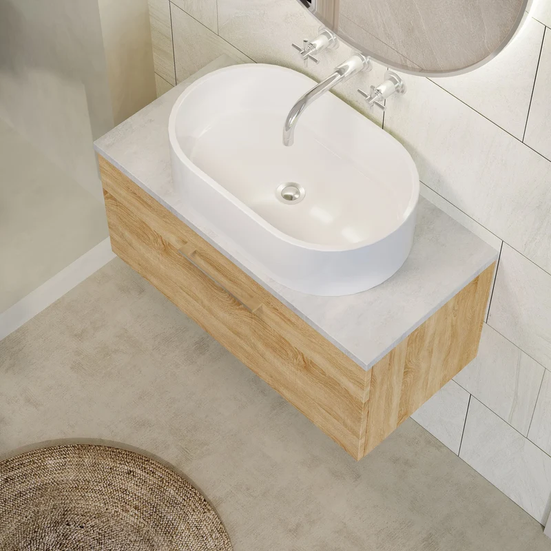 Lana 800mm Wall Hung Single Drawer Vanity Unit & Bellato Grey Laminate Worktop - Bleached Oak Woodgrain