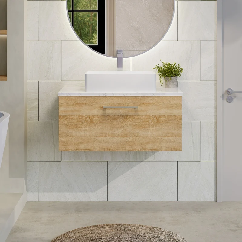 Lana 800mm Wall Hung 1 Drawer Vanity Unit & Carrera Marble Laminate Worktop - Bleached Oak Woodgrain