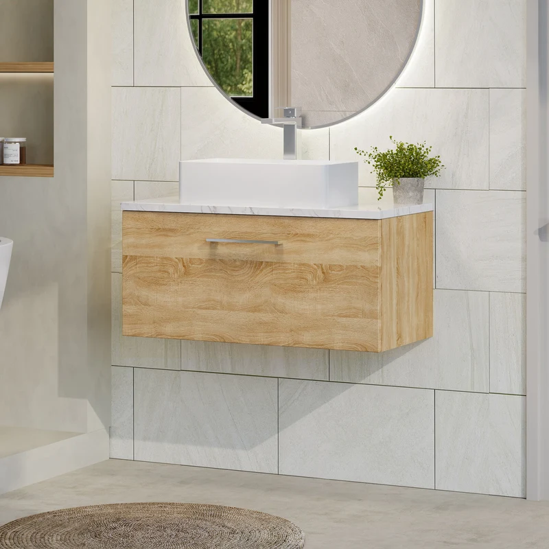 Lana 800mm Wall Hung 1 Drawer Vanity Unit & Carrera Marble Laminate Worktop - Bleached Oak Woodgrain