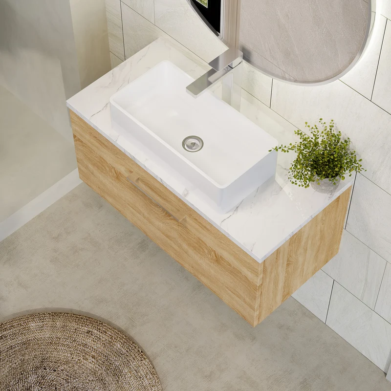 Lana 800mm Wall Hung 1 Drawer Vanity Unit & Carrera Marble Laminate Worktop - Bleached Oak Woodgrain