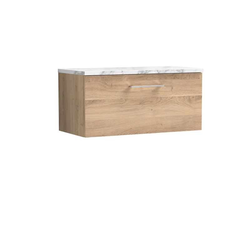 Lana 800mm Wall Hung 1 Drawer Vanity Unit & Carrera Marble Laminate Worktop - Bleached Oak Woodgrain