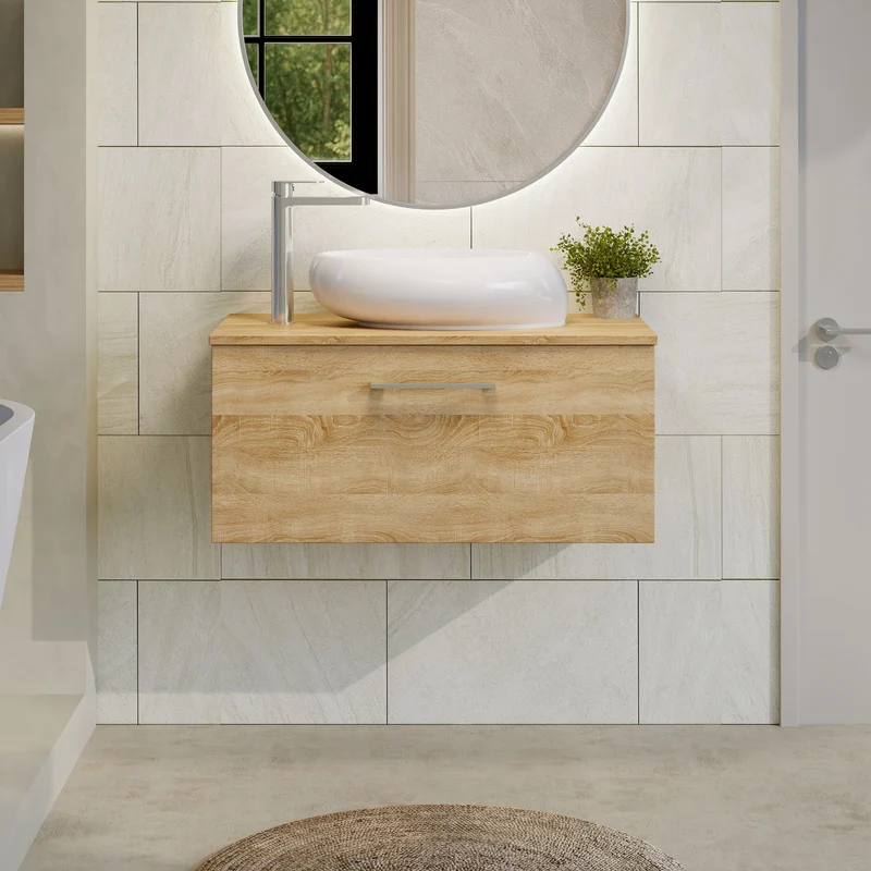 Lana 800mm Wall Hung 1 Drawer Vanity Unit & Worktop - Bleached Oak Woodgrain