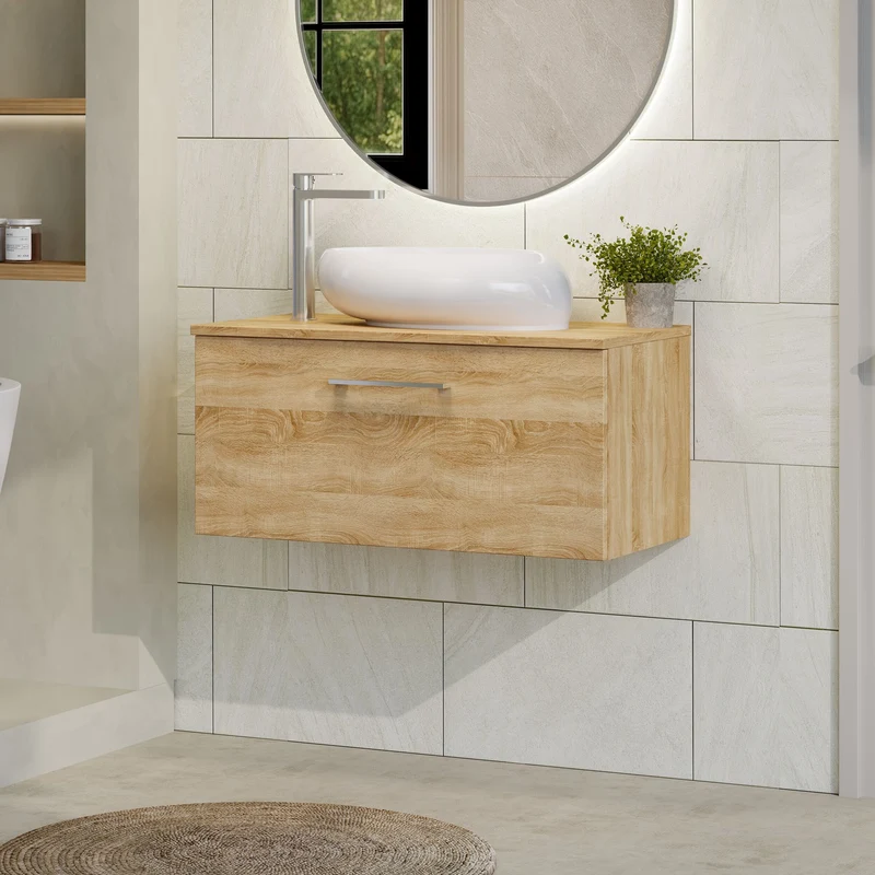 Lana 800mm Wall Hung 1 Drawer Vanity Unit & Worktop - Bleached Oak Woodgrain
