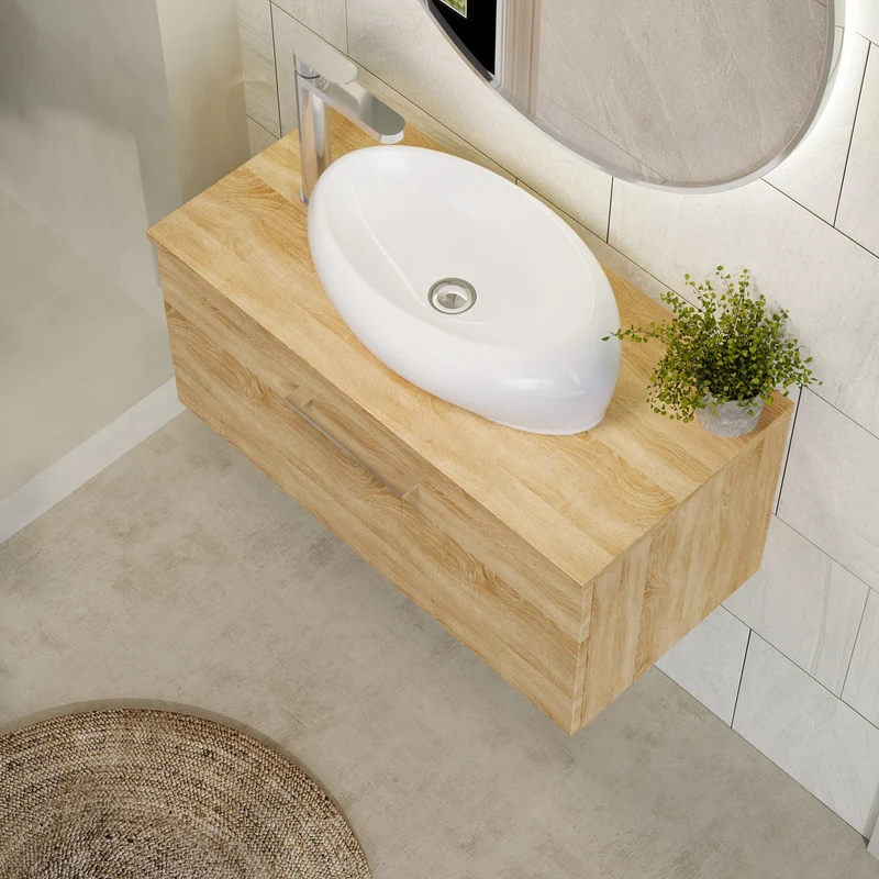 Lana 800mm Wall Hung 1 Drawer Vanity Unit & Worktop - Bleached Oak Woodgrain