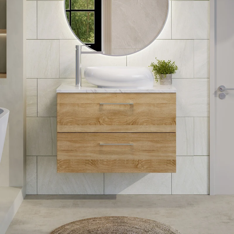 Lana 800mm Wall Hung 2 Drawer Vanity Unit & Carrera Marble Laminate Worktop - Bleached Oak Woodgrain
