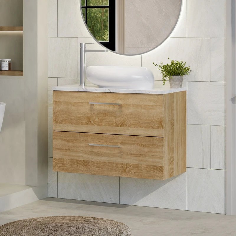 Lana 800mm Wall Hung 2 Drawer Vanity Unit & Carrera Marble Laminate Worktop - Bleached Oak Woodgrain