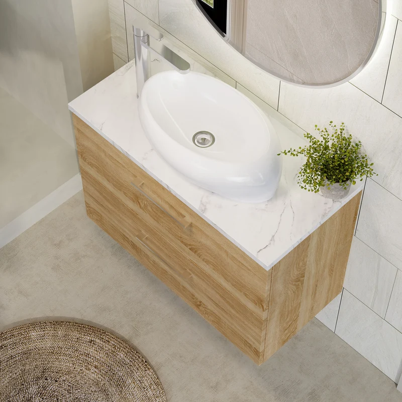 Lana 800mm Wall Hung 2 Drawer Vanity Unit & Carrera Marble Laminate Worktop - Bleached Oak Woodgrain