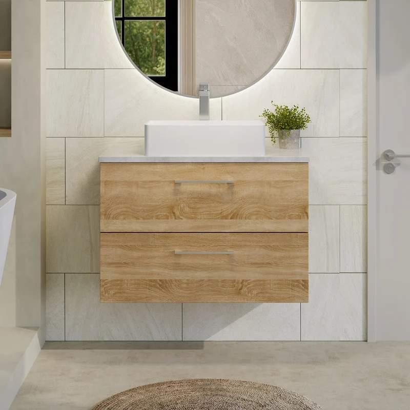 Lana 800mm Wall Hung 2 Drawer Vanity Unit & Bellato Grey Laminate Worktop - Bleached Oak Woodgrain
