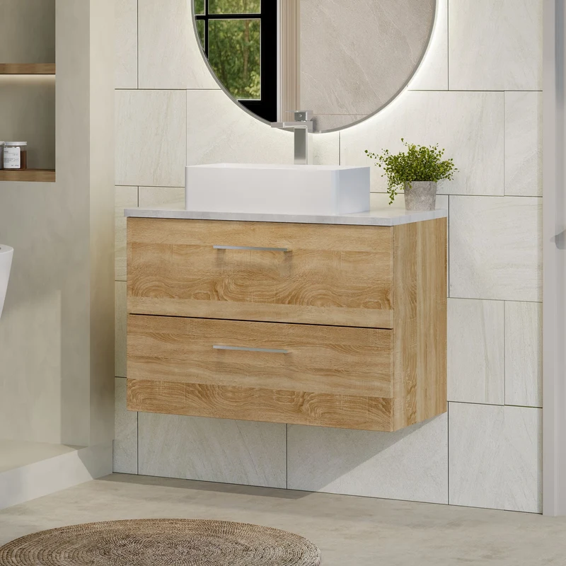 Lana 800mm Wall Hung 2 Drawer Vanity Unit & Bellato Grey Laminate Worktop - Bleached Oak Woodgrain