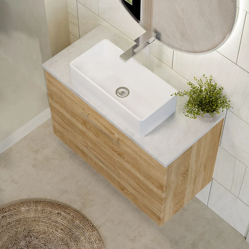 Lana 800mm Wall Hung 2 Drawer Vanity Unit & Bellato Grey Laminate Worktop - Bleached Oak Woodgrain