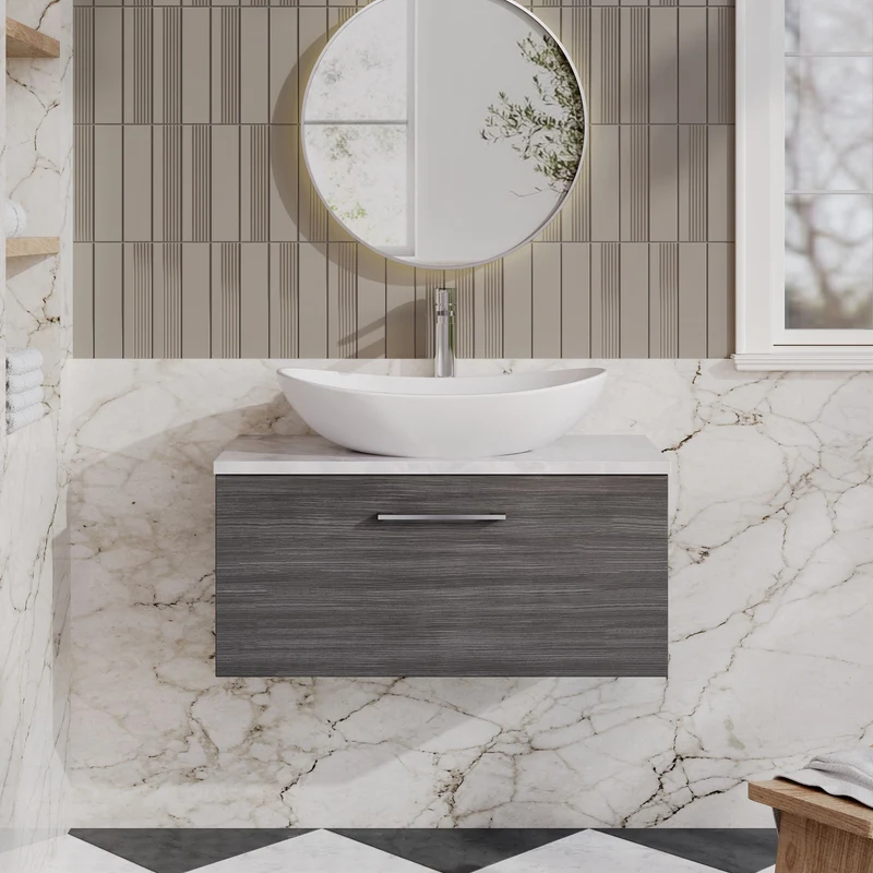 Lana 800mm Wall Hung Single Drawer Vanity Unit & Bellato Grey Laminate Worktop - Anthracite Woodgrain