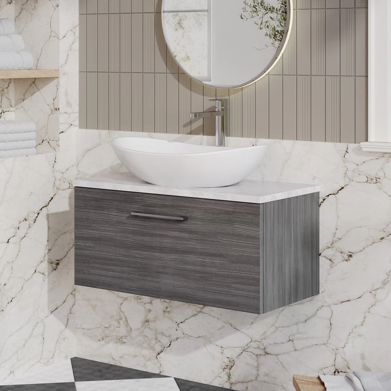 Lana 800mm Wall Hung Single Drawer Vanity Unit & Bellato Grey Laminate Worktop - Anthracite Woodgrain