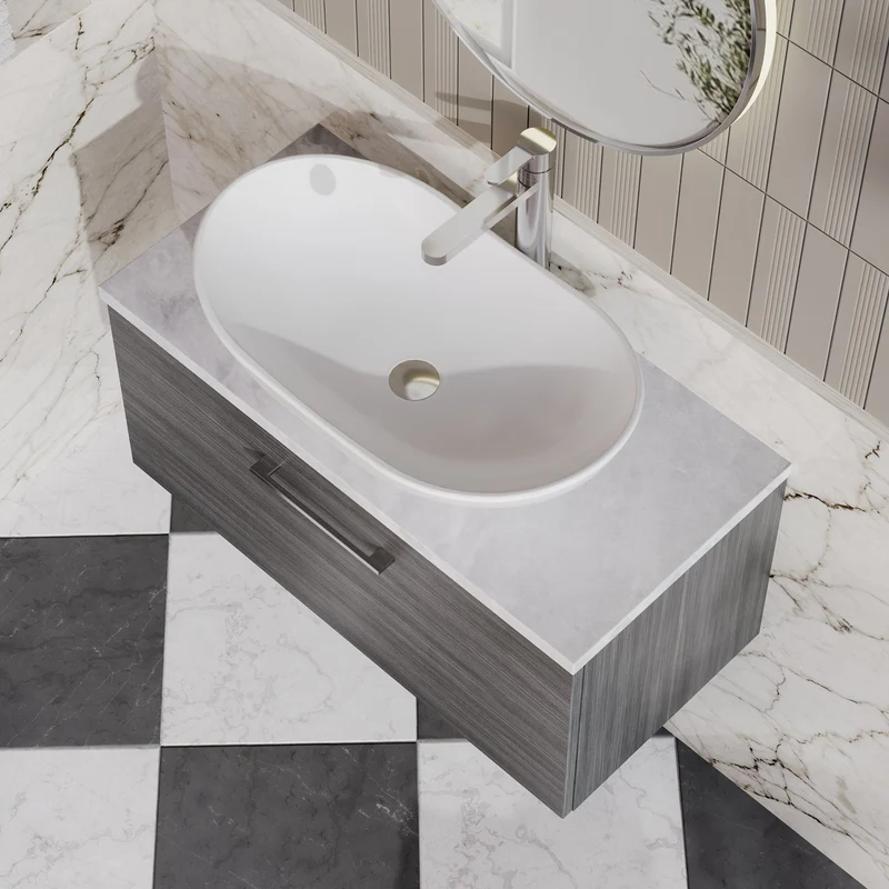 Lana 800mm Wall Hung Single Drawer Vanity Unit & Bellato Grey Laminate Worktop - Anthracite Woodgrain