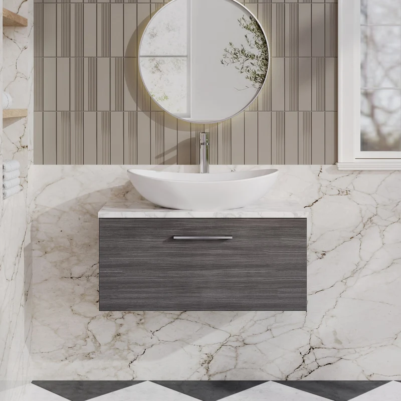Lana 800mm Wall Hung 1 Drawer Vanity Unit & Carrera Marble Laminate Worktop - Anthracite Woodgrain
