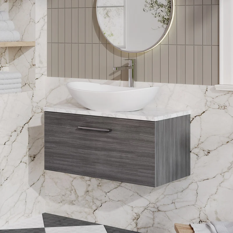 Lana 800mm Wall Hung 1 Drawer Vanity Unit & Carrera Marble Laminate Worktop - Anthracite Woodgrain