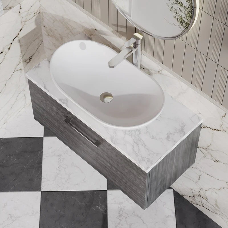 Lana 800mm Wall Hung 1 Drawer Vanity Unit & Carrera Marble Laminate Worktop - Anthracite Woodgrain